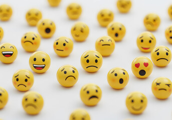 Obraz premium Variety of yellow emoticon balls with diverse facial expressions