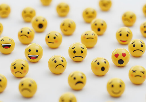 Variety of yellow emoticon balls with diverse facial expressions