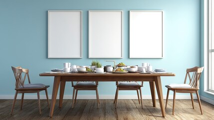 Empty frames above a wooden dining table setting.
