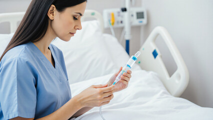 Nurse checking IV drip beside hospital bed 