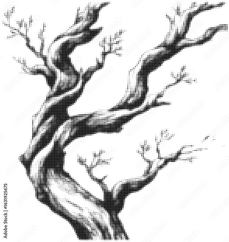 Poster monochrome pixelated illustration of an old twisted tree with bare branches