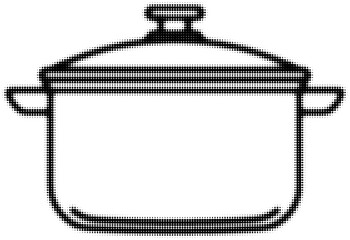 Black and white pixelated illustration of pot with lid and handles