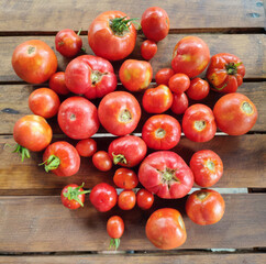 Ripe heirloom tomatoes tumbling like vibrant rubies on aged wood, celebrating Lammas and the quirky...
