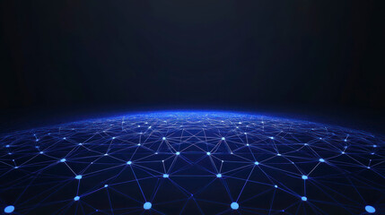 Digital landscape featuring network of blue glowing lines and dots, creating complex web like structure against dark background, evoking sense of technology and innovation