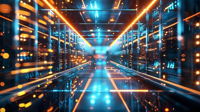 futuristic quantum computing lab with glowing circuit patterns and holographic data streams