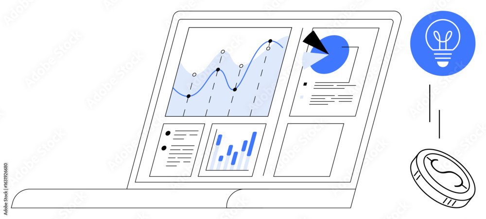 Aufkleber laptop screen with analytics dashboard showing line graph, bar chart, pie chart, and text. coin symb