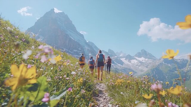 Path to Adventure: A group of hikers treks along a vibrant trail, framed by a tapestry of wildflowers and awe-inspiring mountain scenery under a radiant sky.