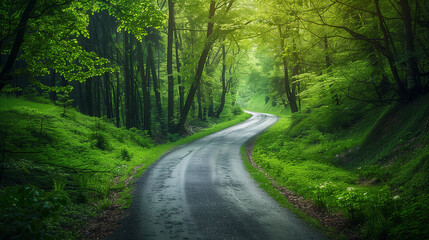 Magical road. Magical green road winding though freshly green forest in spring.