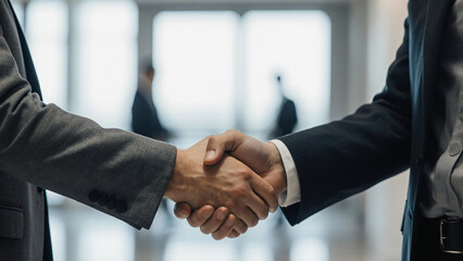 Formal business handshake in office lobby 