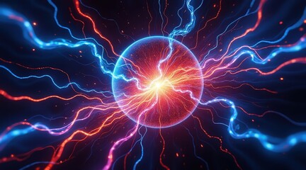 Vibrant energy orb pulsating with electric blue and red lightning
