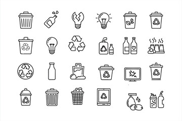 Collection of black outline icons for recycling and waste management trash garbage