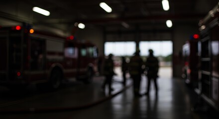 Emergency Personnel In A Fire Station Bay, Blurred Background