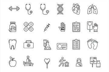 Collection of black outline medical and fitness icons on white background medical icons health icons
