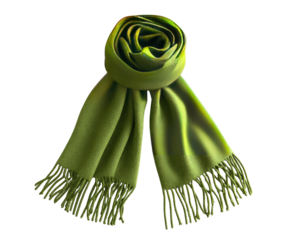 A lime green scarf, tied in a knot, with fringed ends
