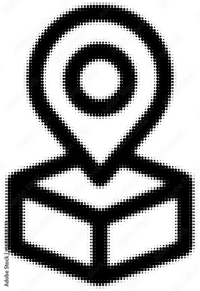 Poster halftone location pin icon on a box indicating a map point concept