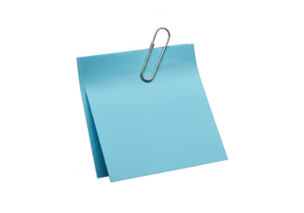Blue sticky note with clip isolated on transparent background