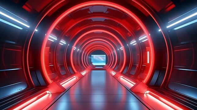 High-detail 3D render of a red tech tunnel with showcase lights, control panels and motion interface elements no humans