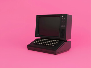 Retro computer with CRT monitor and keyboard, set against vibrant pink background, evokes nostalgia and vintage technology