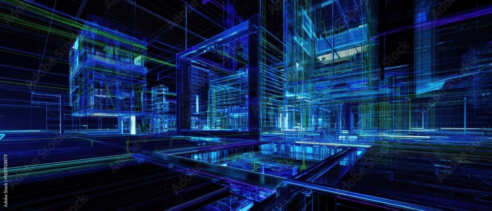 Poster the futuristic digital landscape with neon illuminated structures and grid design.
