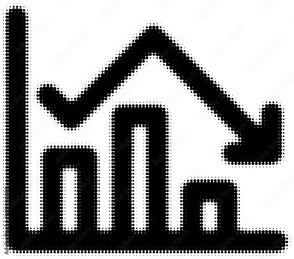 Poster downward trend with bar chart and arrow in halftone style showing data decline
