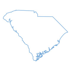 A blue outline of the state of South Carolina on white background	
