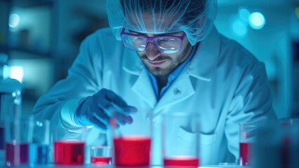 Young man in protective medical gear conducting scientific experiment with red liquid test tubes