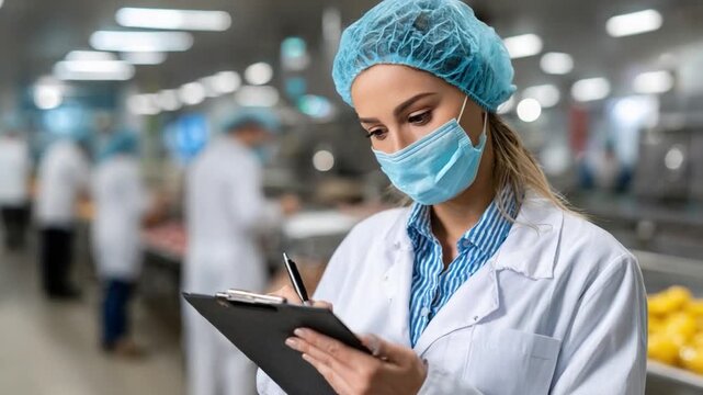 Quality Control in the Food Industry: A dedicated professional, clad in protective gear, meticulously documents observations within a modern food processing plant. Capturing precision and commitment.