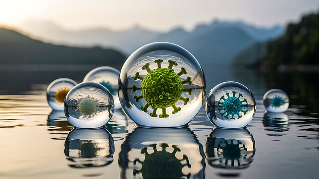 Floating virus spheres inside transparent bubbles on calm water in a surreal scientific concept
