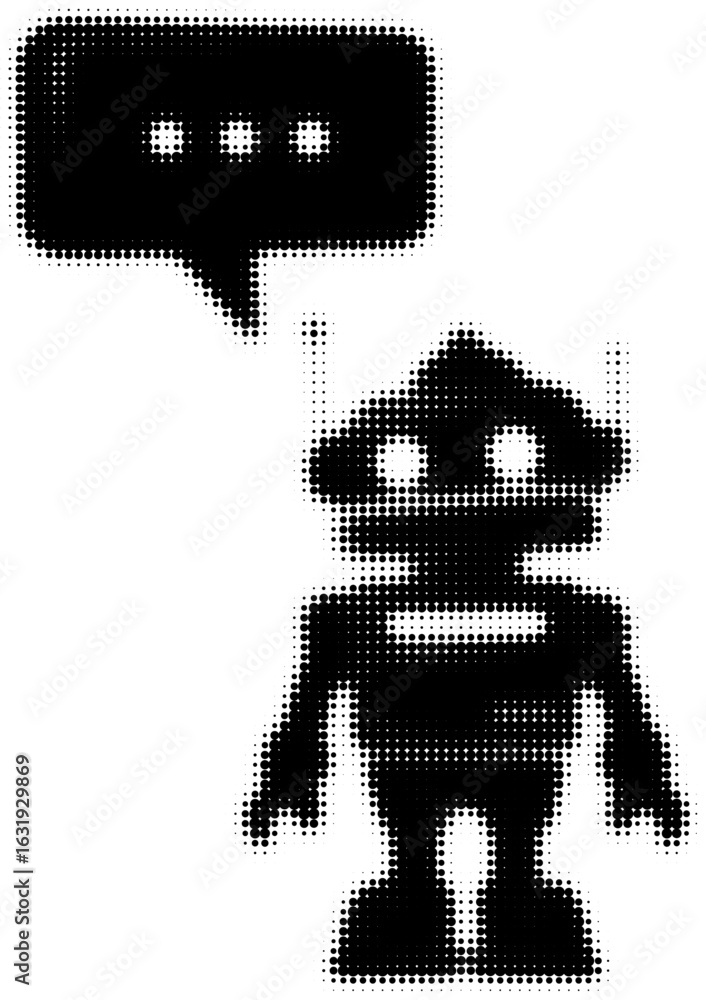 Poster halftone robot icon with speech bubble and dots conveying digital dialogue