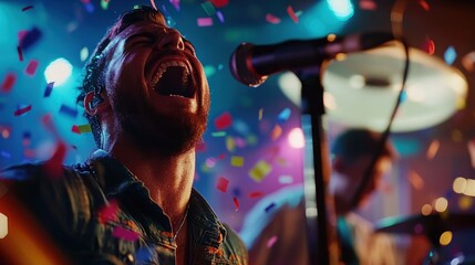 Joyful male singer performs on stage amidst confetti shower, vibrant lights, and a live band.