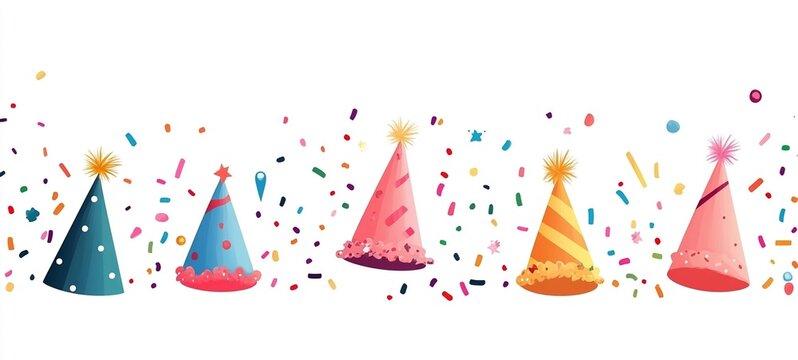 Vibrant with Colorful Party Hats and Confetti Scattered on White Background