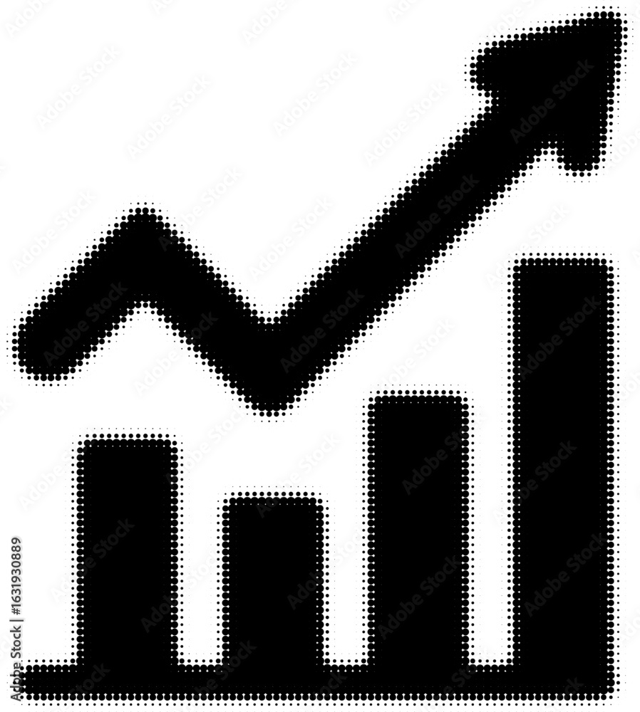 Poster rising bar chart with arrow showing growth in black halftone design