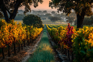 Naklejka premium Golden Light Over a Vineyard with Rows of Grapevines