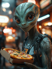 friendly alien holding a box of pizza against a neon-lit city background