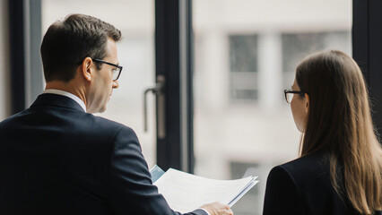 Lawyer discussing case files with client 