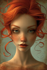 a girl with red hair, freckles, and an expressive gaze, created in an artistic, slightly fairy-tale style
