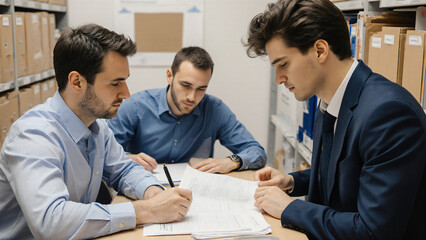 Audit team checking documents in file room 