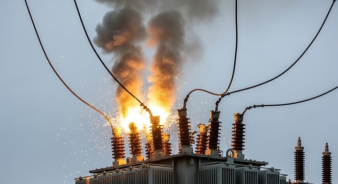 Electrical transformer malfunctioning with sparks and smoke.