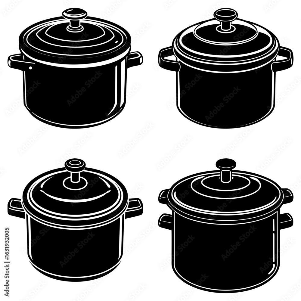 Aufkleber illustration of four black cooking pots with lids and handles arranged in a square pattern view from