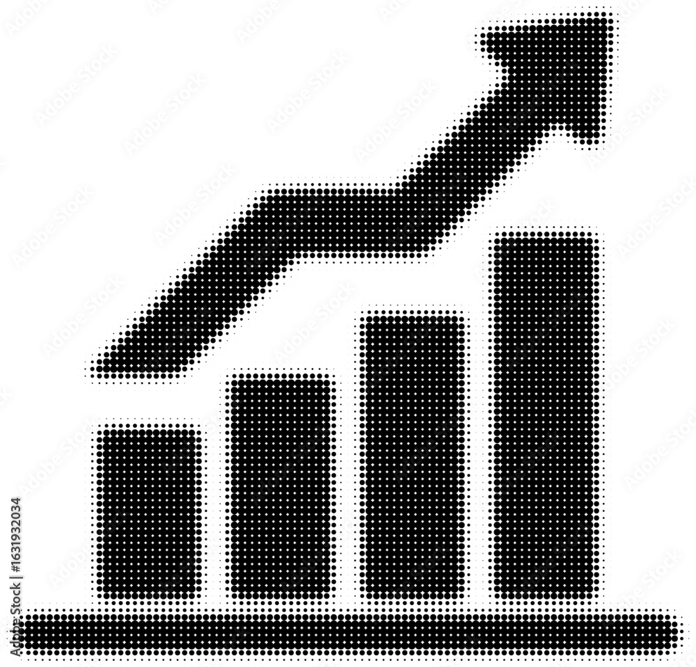 Poster black dotted upward trending bar graph with arrow symbol in halftone style
