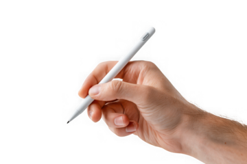 Hand holding a white stylus, writing or drawing.