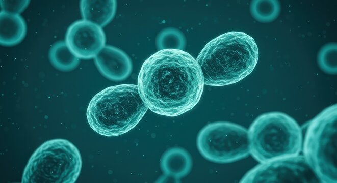 A microscopic view of budding yeast cells, a 3D medical illustration of a fungal pathogen colony.