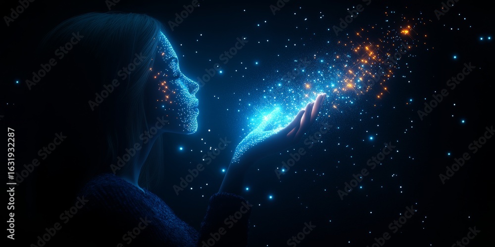 Poster abstract light art human silhouette with sparkling stars and data streams in digital integration