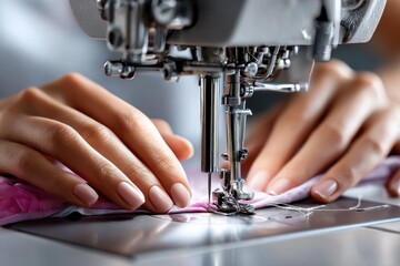 Sewing machine in use with hands guiding pink fabric during a crafting session