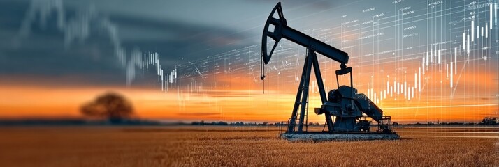 Stunning Sunset Over Oil Pumps with Financial Charts A Visual Contrast of Energy and Economics