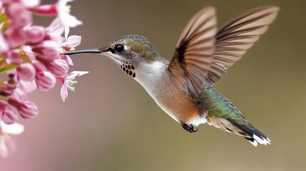Fototapeta premium Hummingbird Delight Vibrant Tiny Bird Sipping Nectar from Beautiful Pink Flowers in a Lush Garden