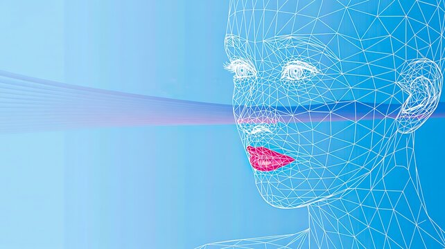 Digital wireframe face with pink lips

