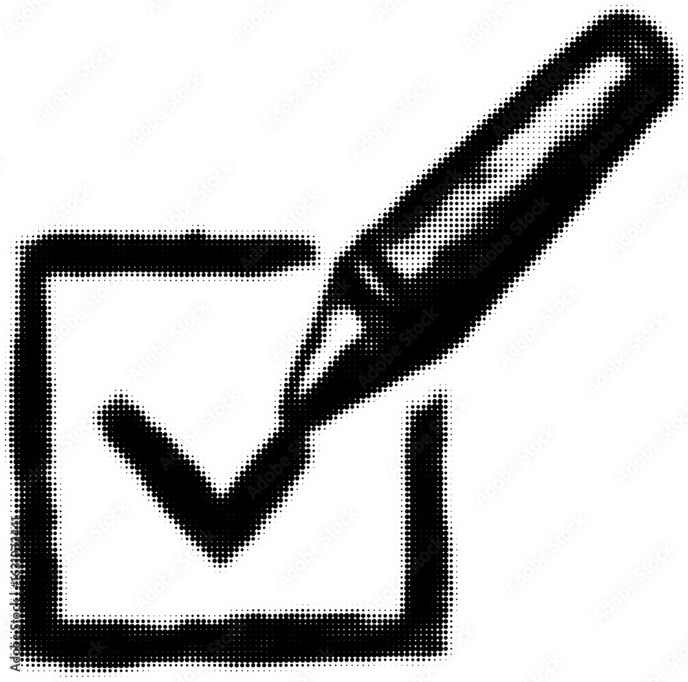 Poster black marker adding a checkmark to a checkbox in halftone style illustration
