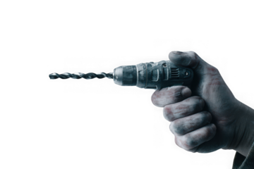 Close up of a hand holding a drill, dirt and grime visible.