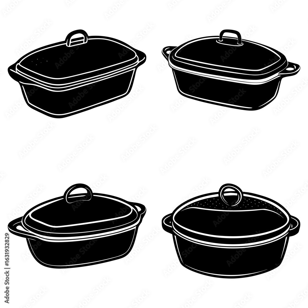 Poster four black casserole dishes with lids in different shapes and styles on a white background display i